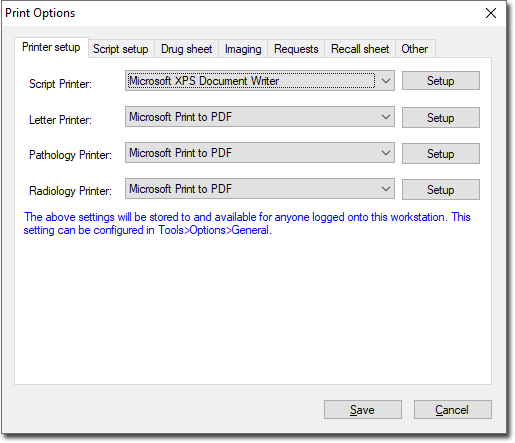Printer setup tab