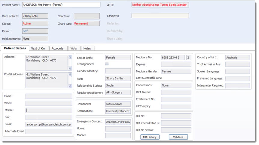 Example Patient Details tab