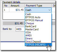 Menu of payment types available for selection when recording a patient's visit to the practice