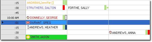 Example of patient appointments in the Appointment Book, with coloured blocks showing whether SMS messages were sent to patients and their replies