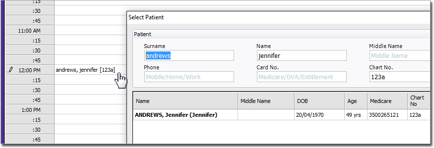 Example search result, showing patient Jennifer Andrews in the Select Patient window