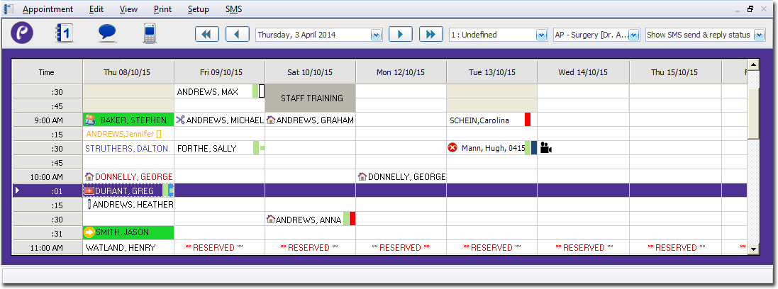 Example Waiting Room showing patient names in different coloured text