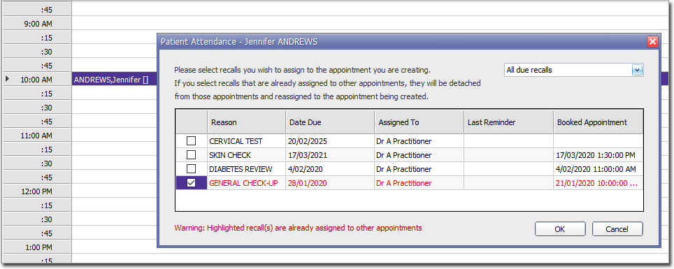 Patient Attendance window showing recalls that can be selected for the patient